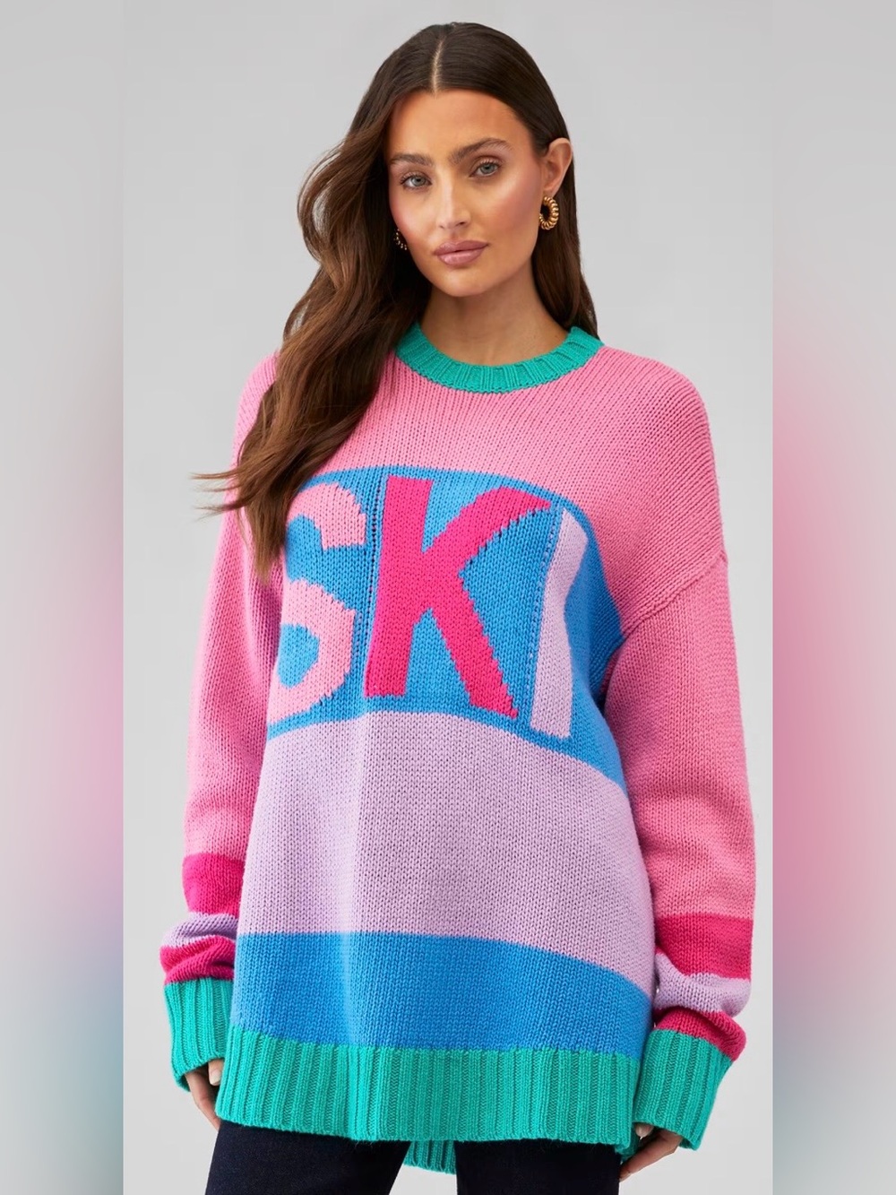 Show Me Your MuMu Pink Colorblock 'SKI' Knit Sweater with Teal Trim